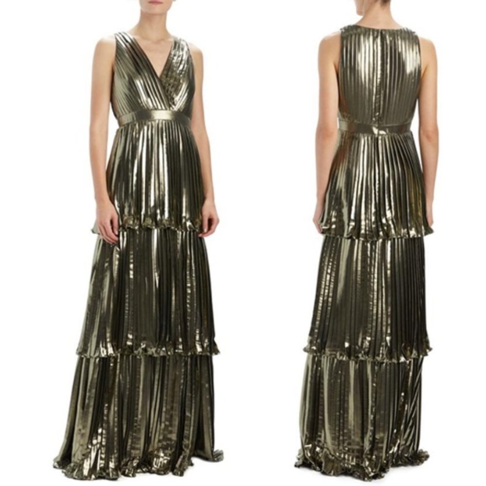ML MONIQUE LHUILLIER Pleated Metallic Tiered Gown